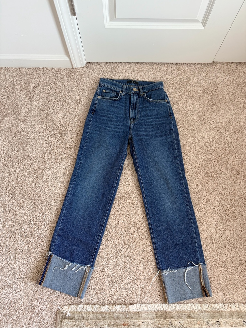 7 For All Mankind Blue Straight Leg Jeans with Folded Raw Cuffs